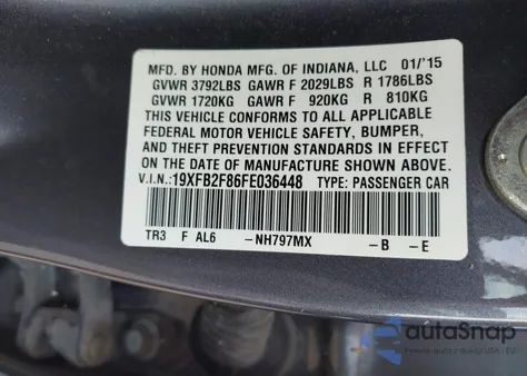 2015 Honda Civic Ex z USA, uszkodzony, nr VIN 19XFB2F86FE036448